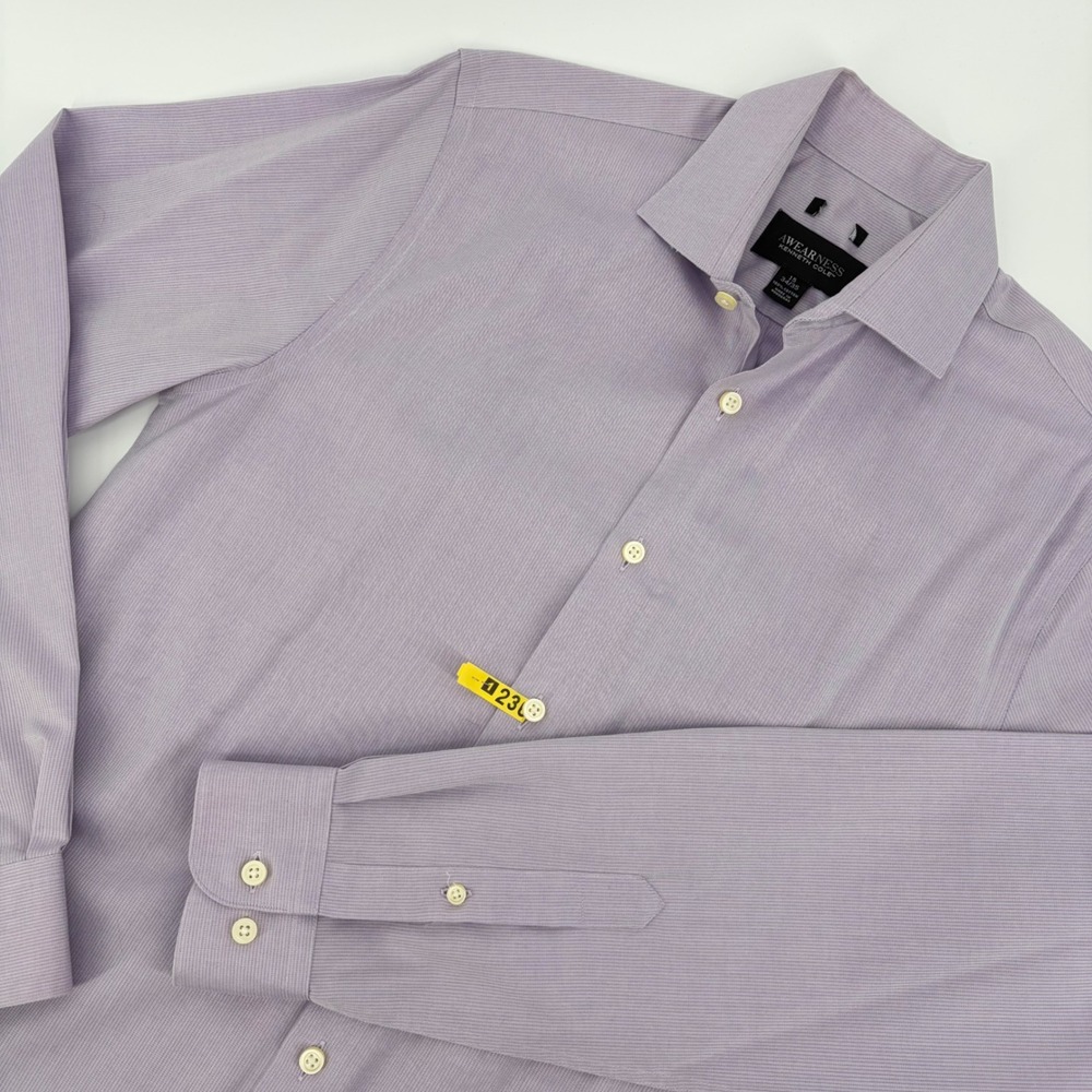 Awearness Kenneth Cole Dress Shirt Mens 15 34/35 Purple Stripe Cotton Teacher